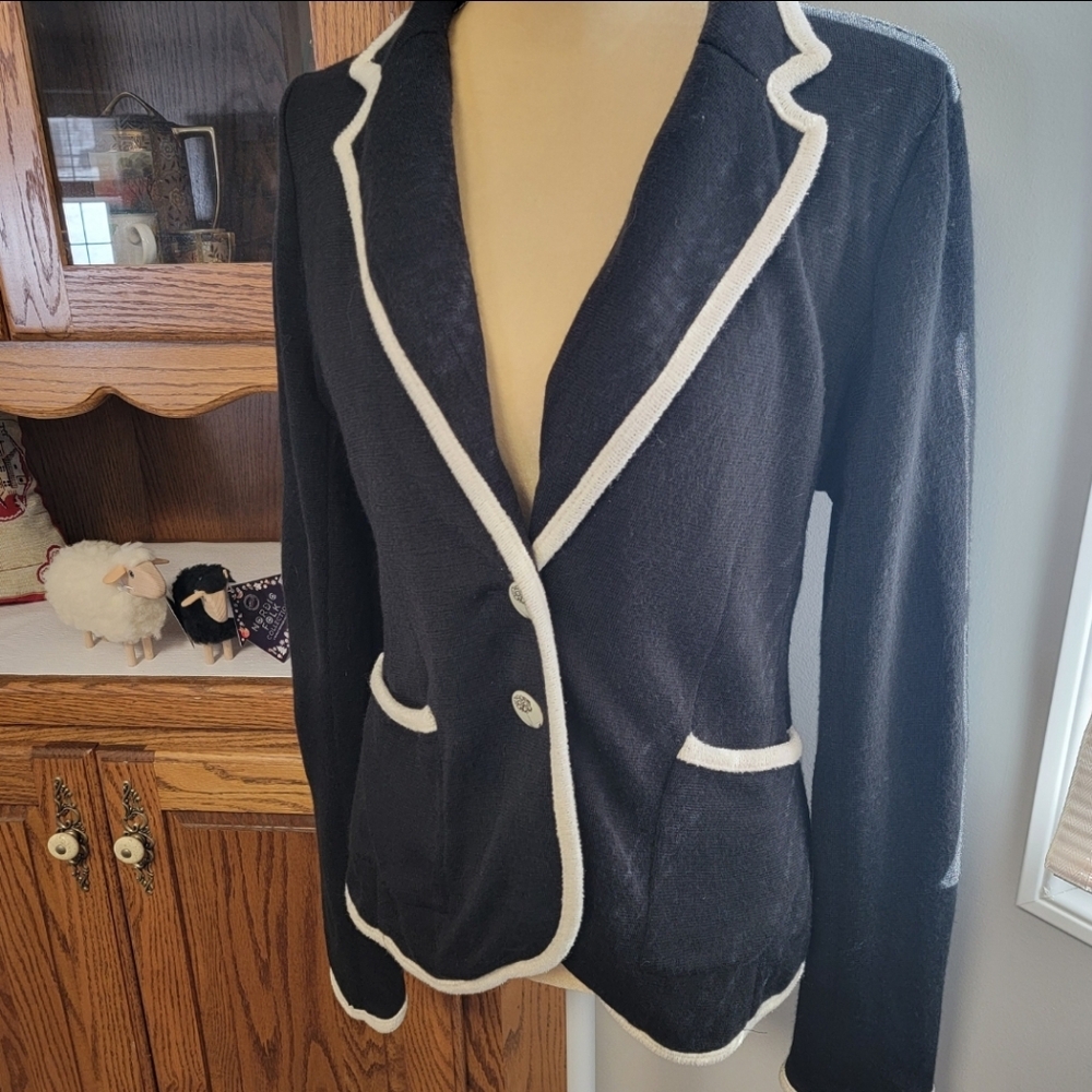 Anthropologie Moth Black Knit Wool Blend Floral Button Blazer Jacket Size Large